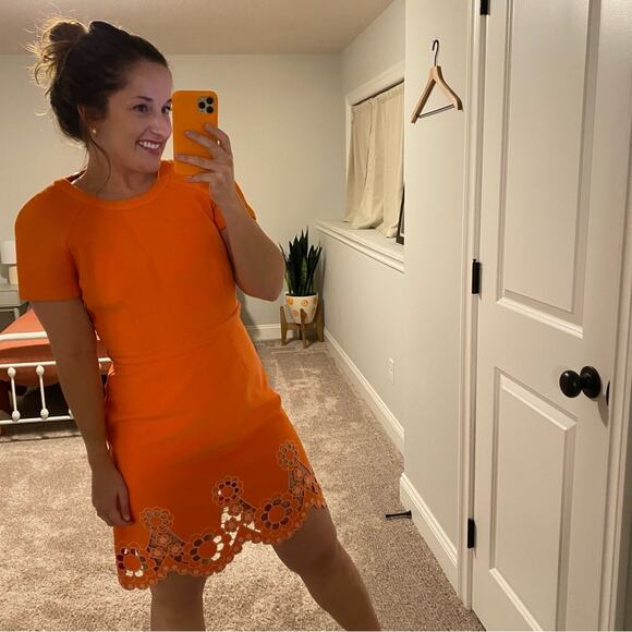 NWT Manoush Orange Eyelet Sheath Mini Dress Small - Picture 3 of 13